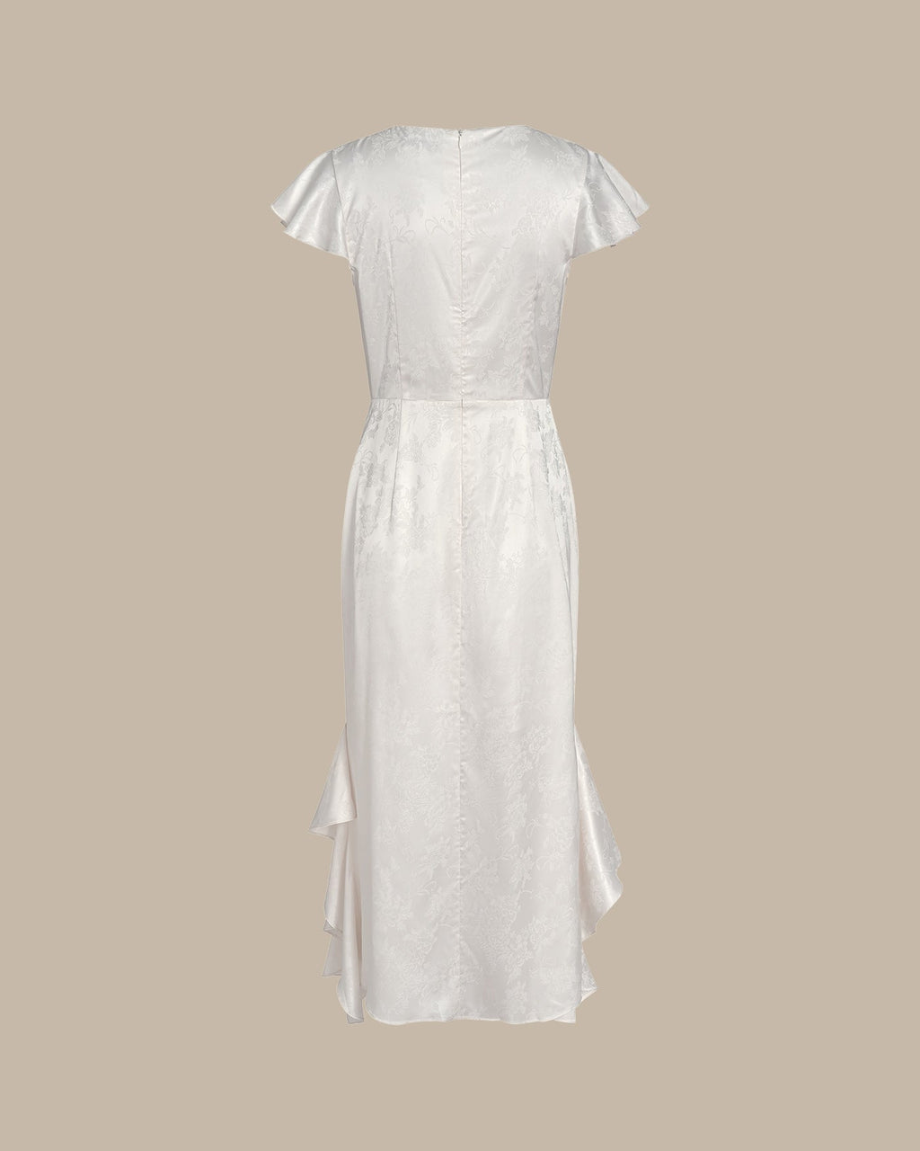 Beige Båt Hals Jacquard Volang Midi Klänning