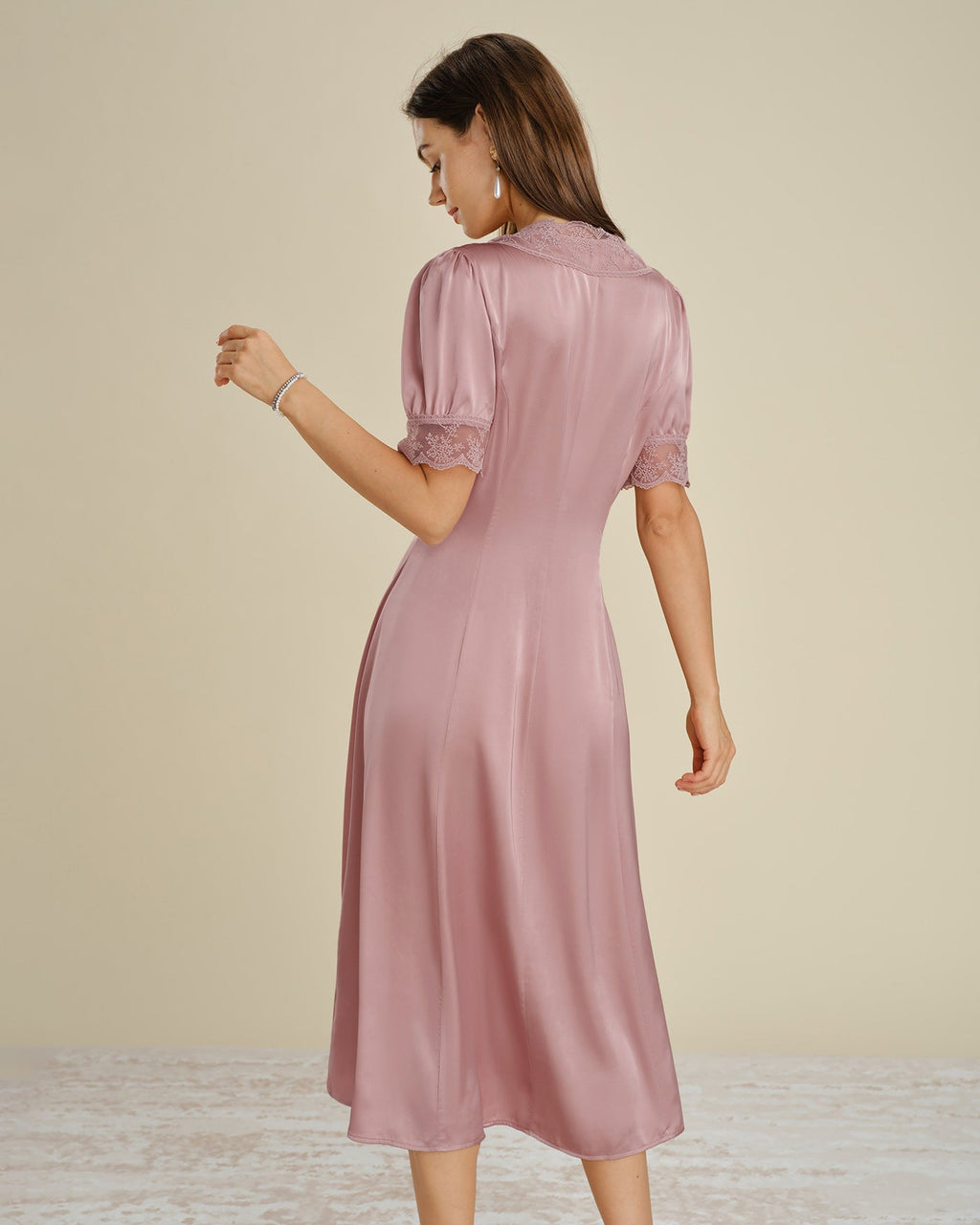 Rosa Spets Splicing Satin Midi Klänning