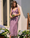 Lila Blommig Volangband Midi Klänning