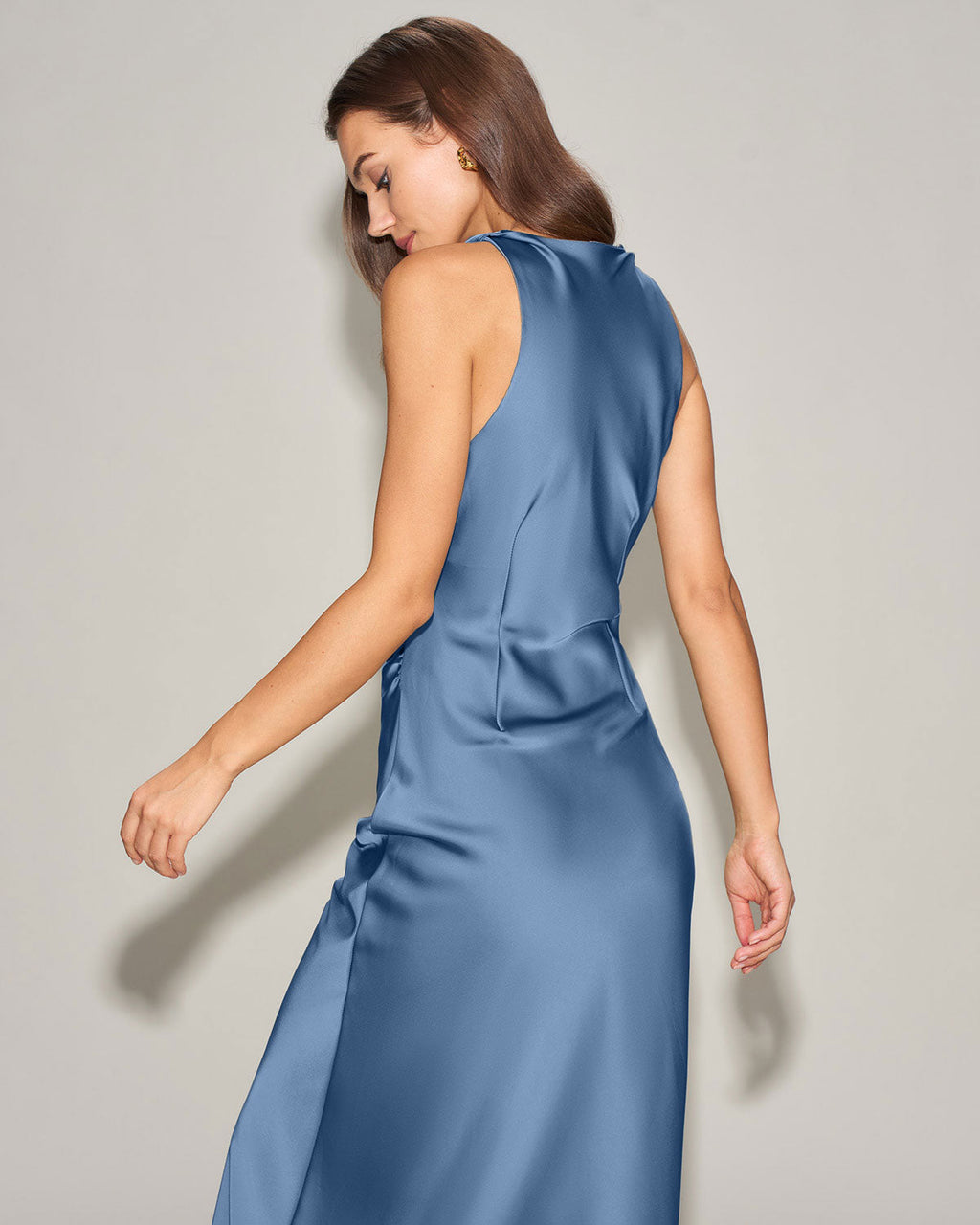 Blå Satin Båtringad Slip Midi Klänning