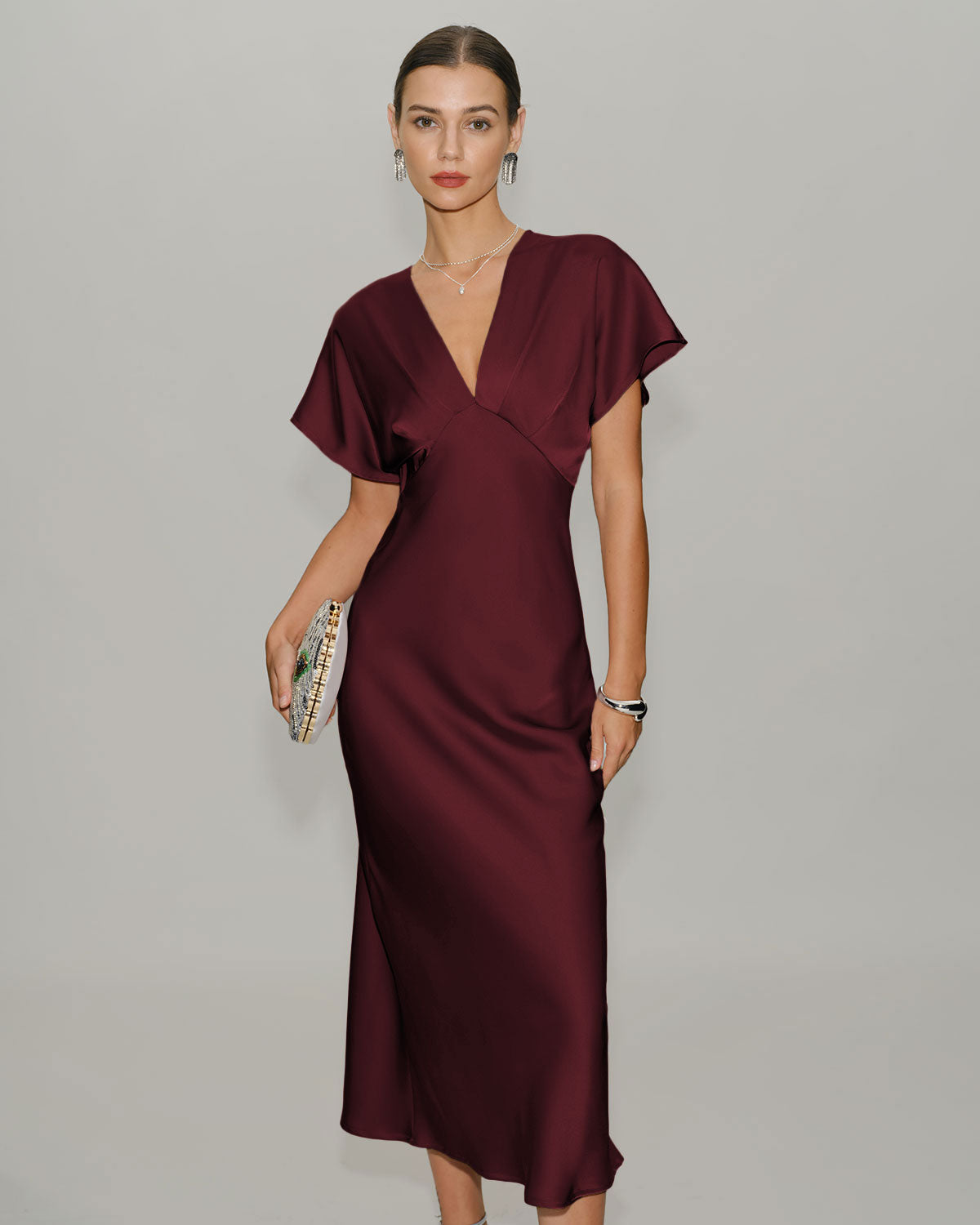 Vinröd Satin Cowl Sleeve Midi Klänning
