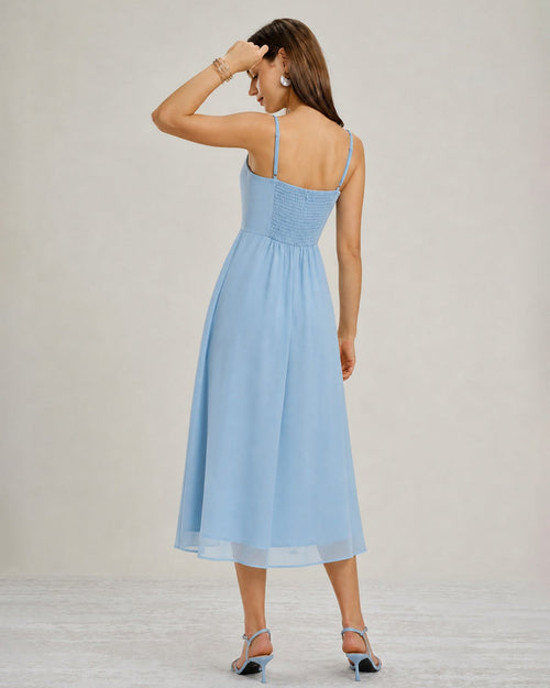 Blå Fyrkantig Halsringning Slits Chiffon Midi Klänning