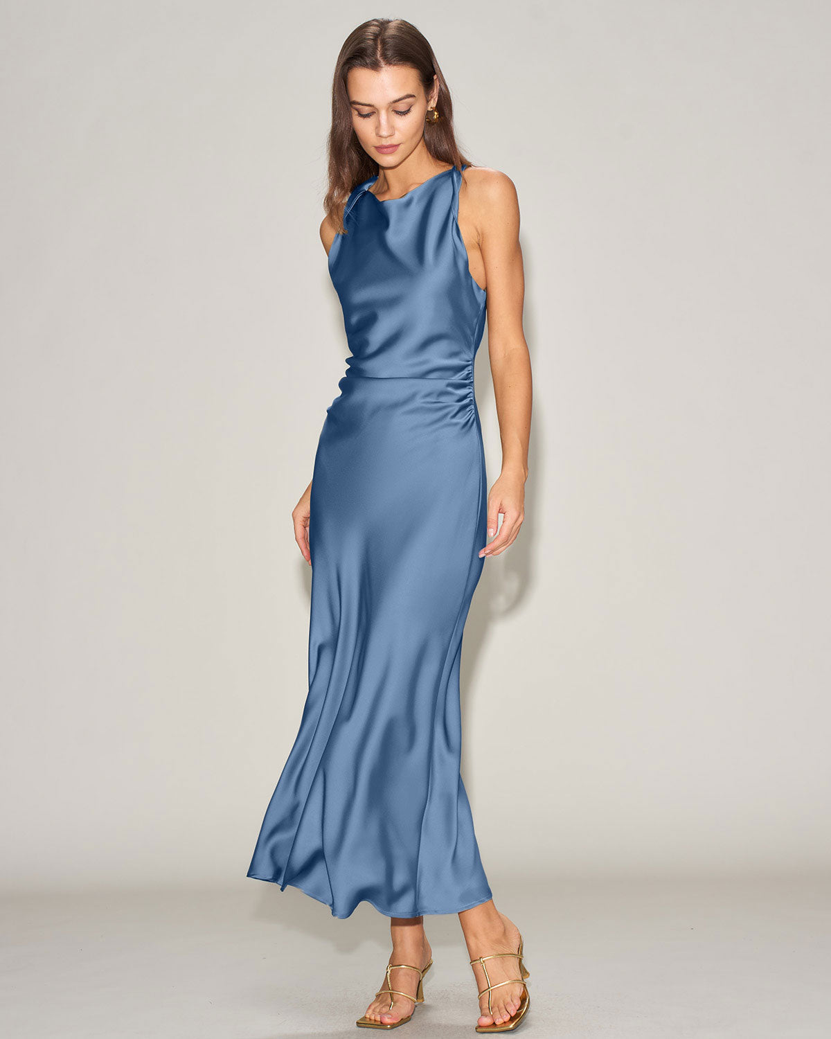 Blå Satin Båtringad Slip Midi Klänning