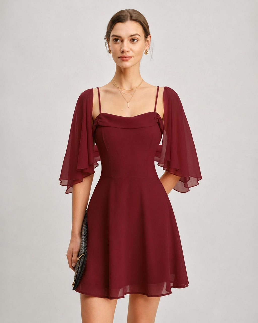 Röd Rynkad Chiffon Mini Klänning