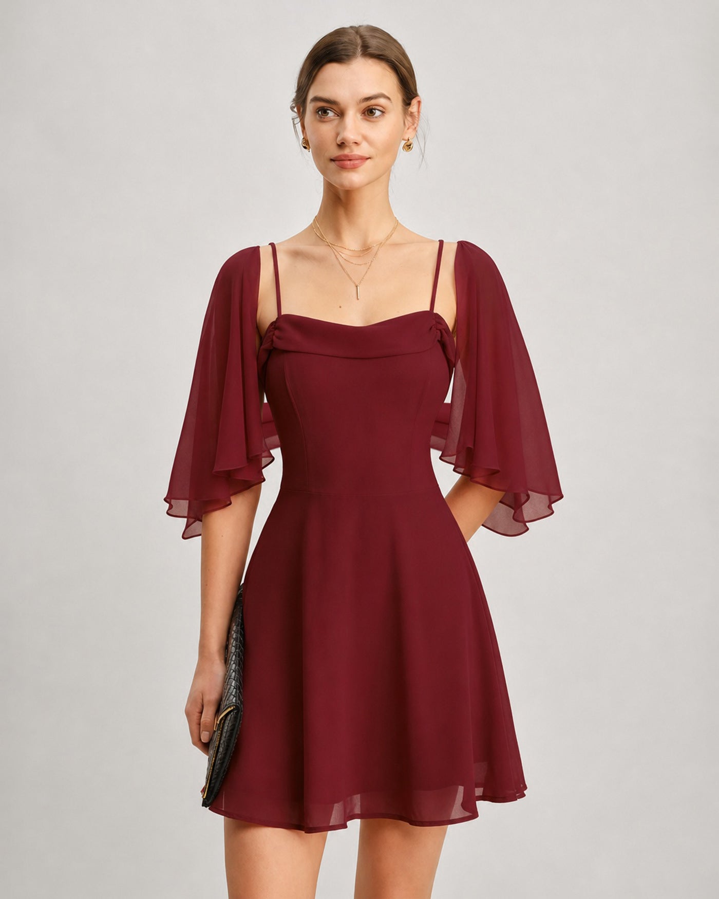 Röd Rynkad Chiffon Mini Klänning