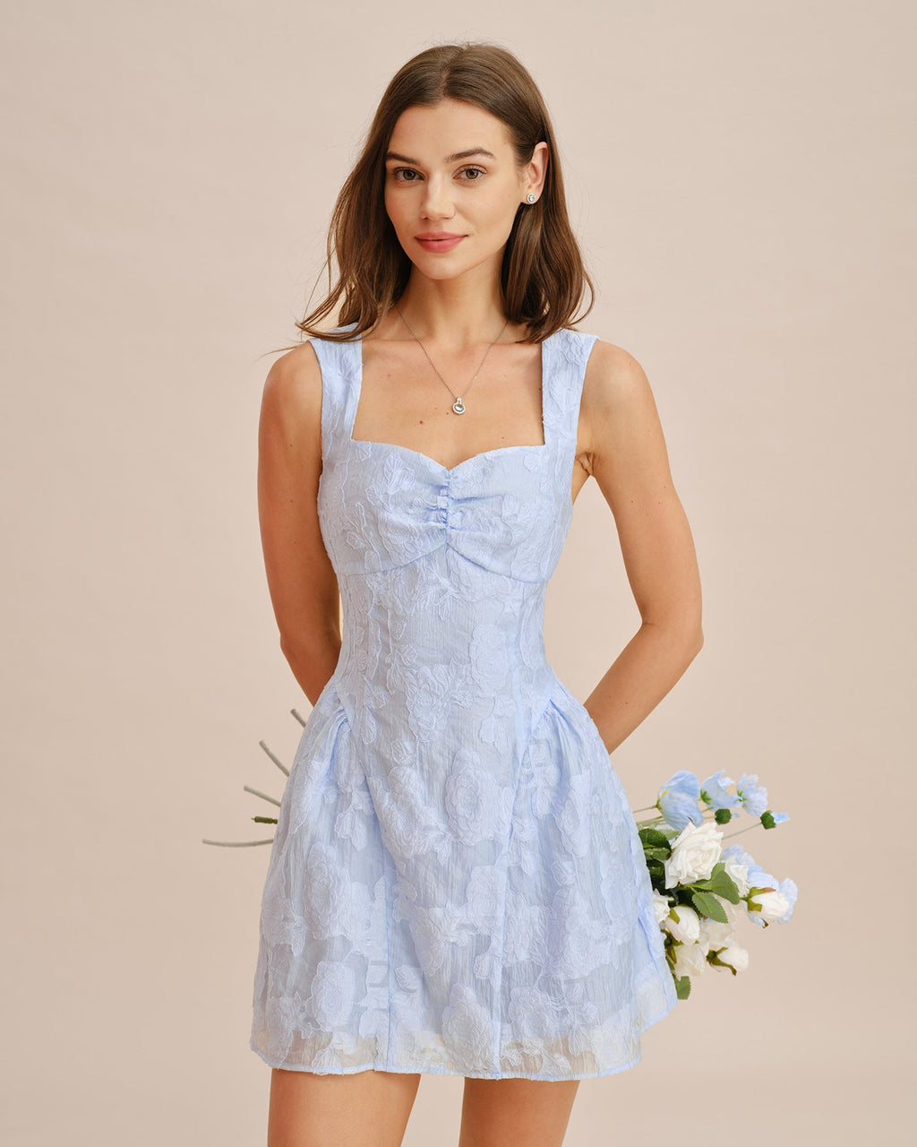 Blå Sweetheart Hals Jacquard Mini Klänning