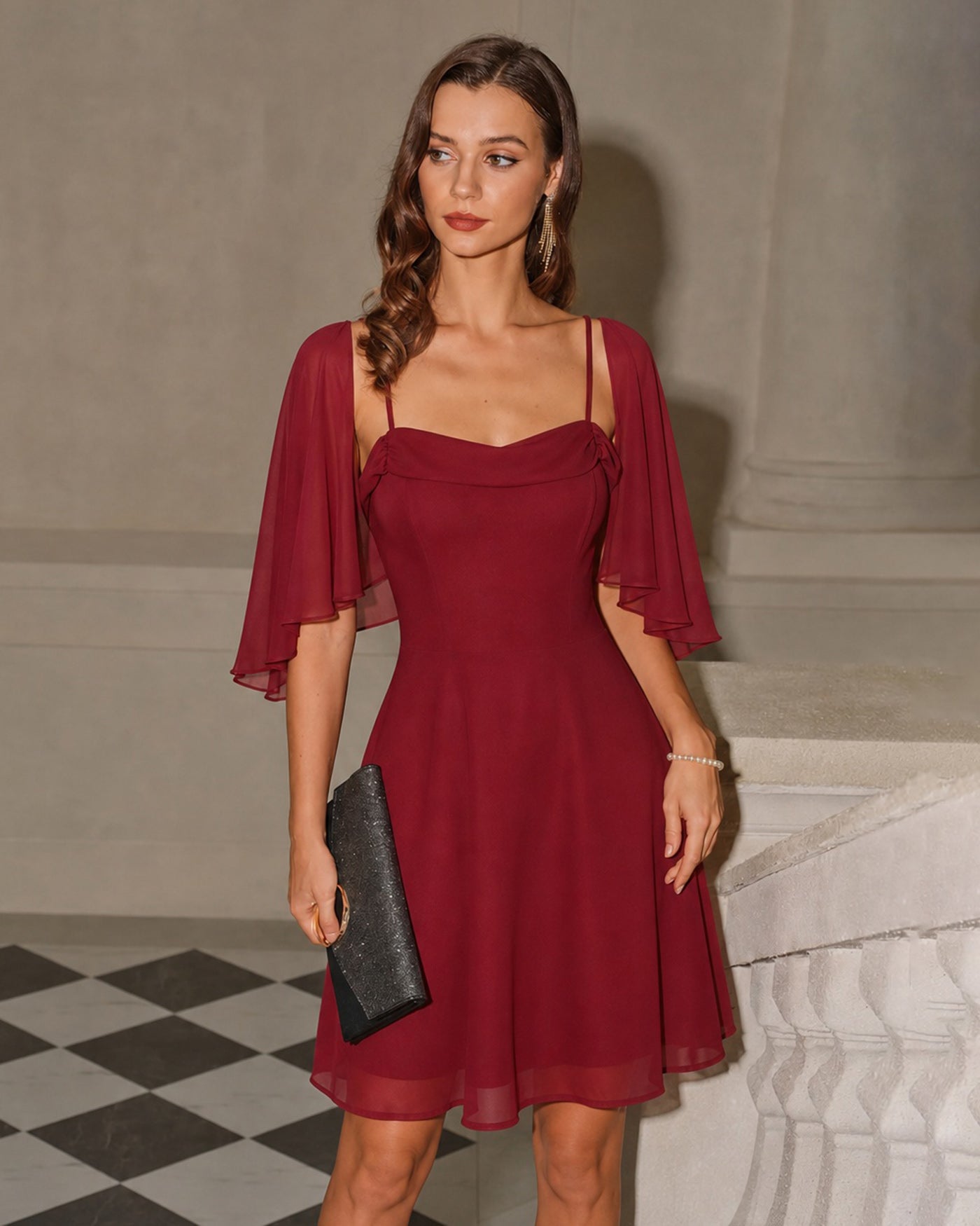 Röd Rynkad Chiffon Mini Klänning