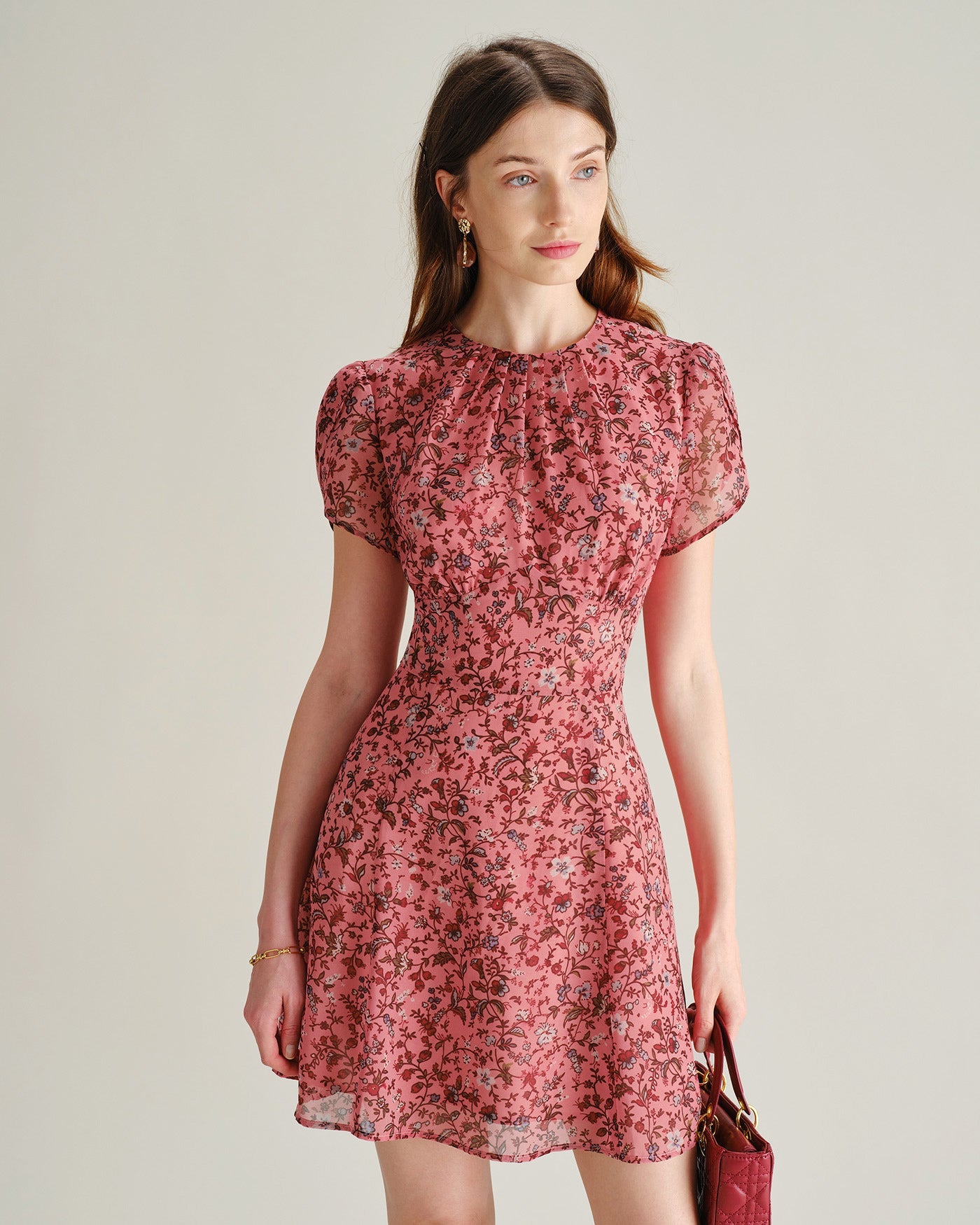 Rosa Blommig Volang Chiffon Mini Klänning