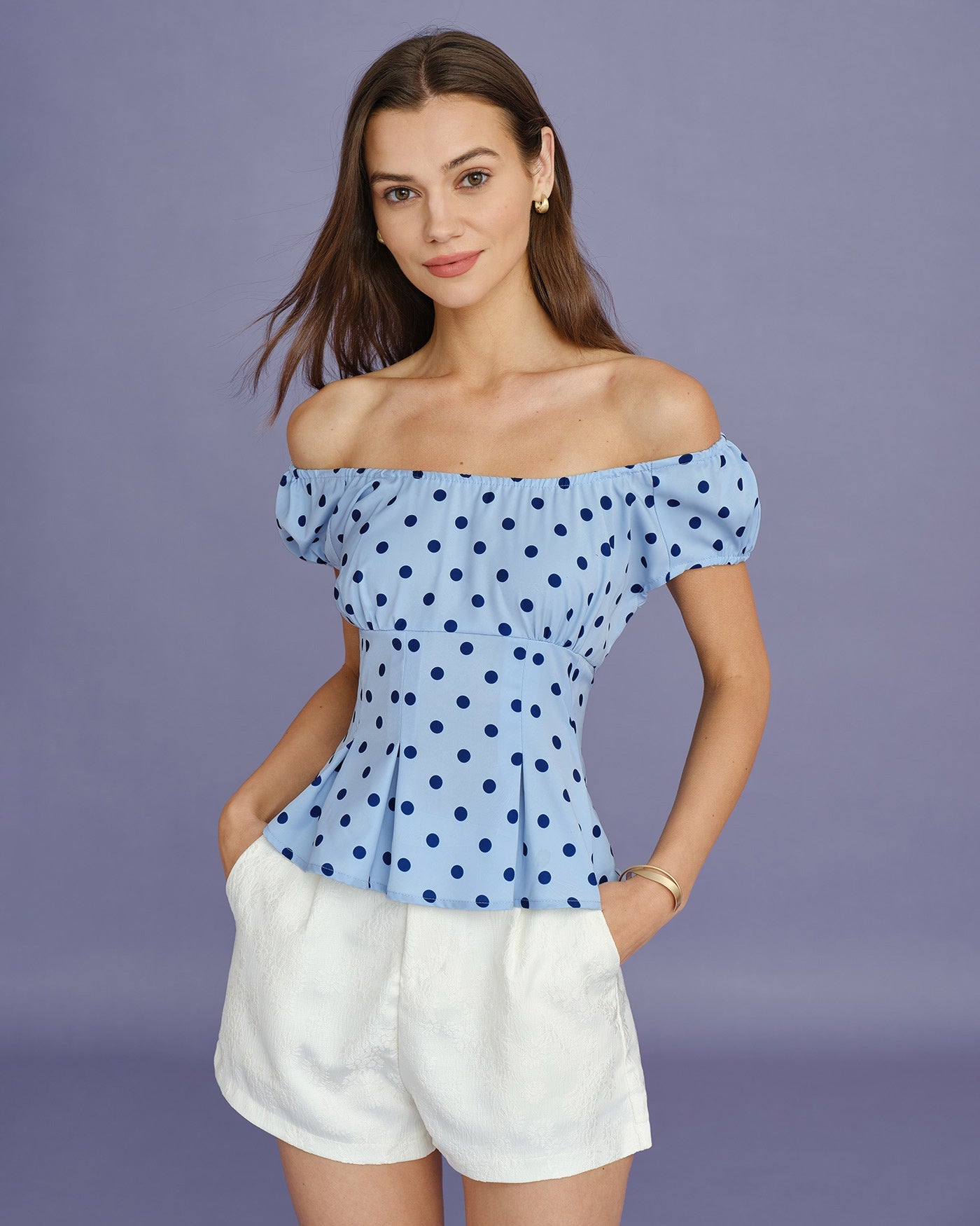 Blå U-hals Polka Dot T-shirt
